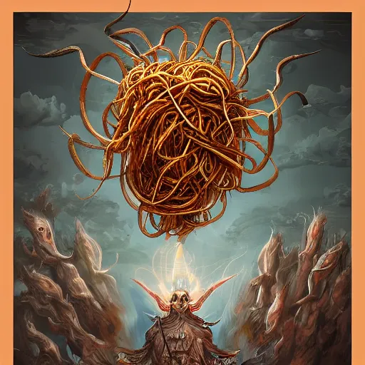 Prompt: flying spaghetti monster with the pope, artstation, fantasy