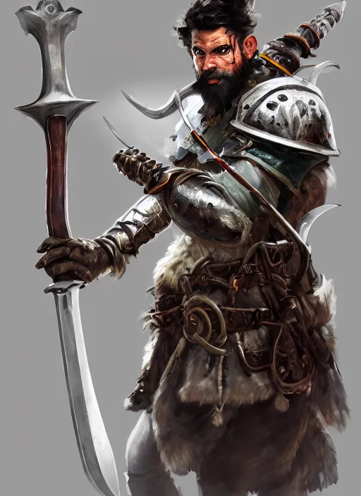 Image similar to strong young man, photorealistic bugbear ranger holding sword, fire magic, black beard, dungeons and dragons, pathfinder, roleplaying game art, hunters gear, jeweled ornate leather and steel armour, concept art, character design on white background, by sargent, norman rockwell, makoto shinkai, kim jung giu, artstation trending, poster art, colours red and green