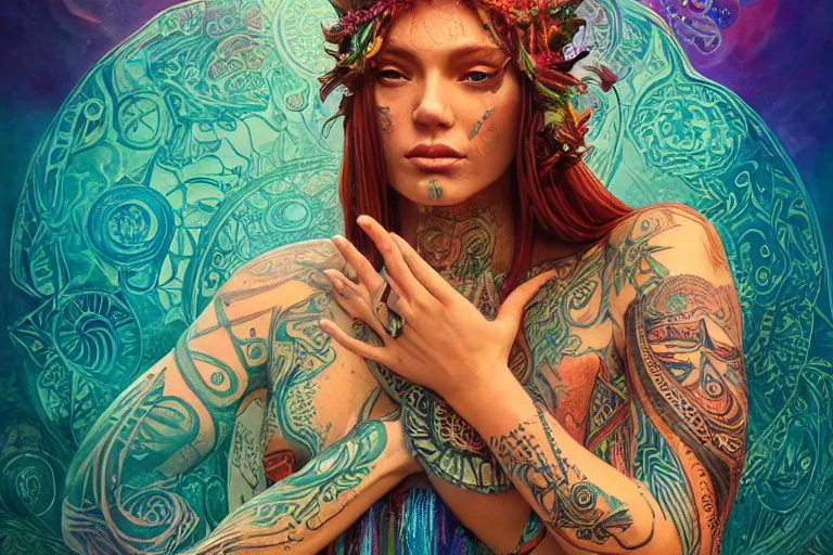 Image similar to a centered render of a alluring festival hippie with tribal tattoos surrounded by a underwater ink pour and flowing liquid galium and sacred geometry, perfect body face and hands, powerful, cinematic, beautifully lit, by artgerm, by karol bak, by donato giancola, by beeple, 3 d, trending on artstation, octane render, 8 k