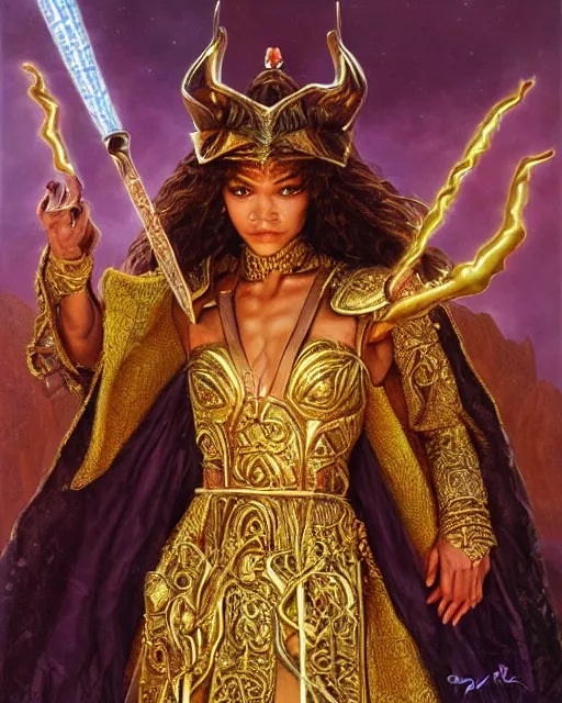 Image similar to detailed portrait of Zendaya as a powerful dungeons and dragons wizard, wearing gilded robe, intricate, hyper detailed, realistic, oil painting, by jeff easley, boris vallejo, cinematic lighting