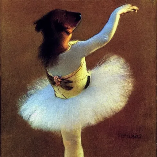 Image similar to a cream-colored Havanese dog performing ballet, by Edgar Degas