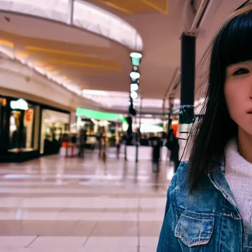 Prompt: a closeup portrait of woman walking in mall alone in style of 1990s, street photography seinen manga fashion edition, focus on face, eye contact, tilt shift style scene background, soft lighting, Kodak Portra 400, cinematic style, fish-eye camera, telephoto