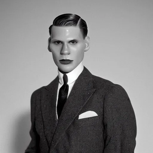 Image similar to A photograph portrait of Jerma985 wearing a suit with short slicked hair in the early 1930s, taken in the early 1930s, grainy, taken on a early 1930s Kodak Camera, realistic, hyperrealistic, very realistic, highly detailed, very detailed, extremely detailed, detailed, digital art, trending on artstation