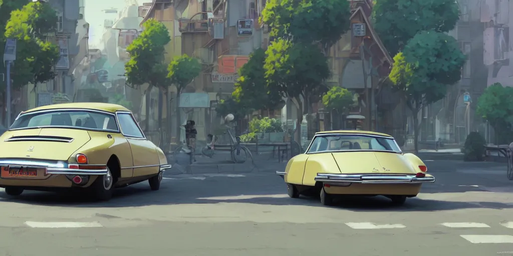 Prompt: a wholesome animation key shot of a focused 1974 citroen ds in the street, medium shot, studio Ghibli, Pixar and Disney animation, sharp, very detailed, high resolution, Rendered in Unreal Engine 5, anime key art by Greg Rutkowski, Bloom, dramatic lighting