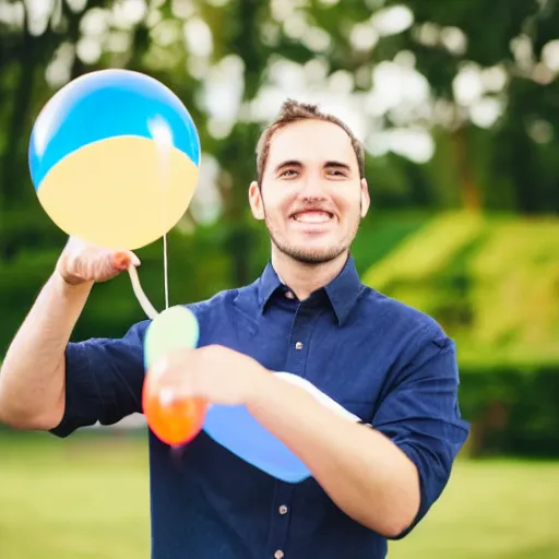 Prompt: man holding a balloon, professional photo