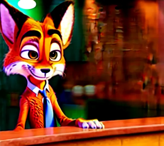 Image similar to Nick Wilde (from Zootopia) dressed in his usual outfit, sitting right across the bar from you.