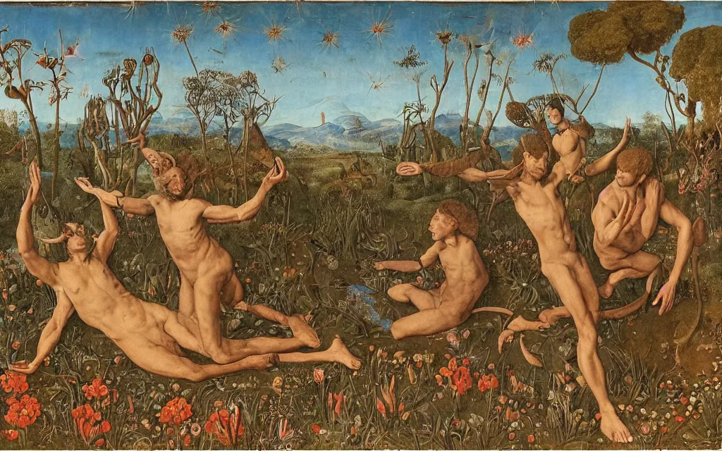 Image similar to a portrait photograph of a meditating satyr and a centaur monk riding a rocket machine and hunting at a river delta. surrounded by bulbous flowers and trees. mountain range under a blue sky of fiery stars. by jan van eyck, max ernst, ernst haeckel, ernst fuchs and artgerm, cgsociety, fashion editorial, 8 k