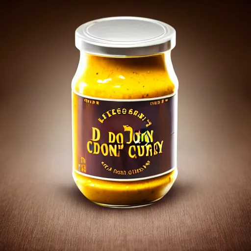 Image similar to Jar of Don Johnson's curry sauce, professional lighting, marketing photo advert, 8k