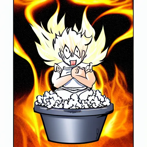 Image similar to fluffy popcorn hit by lightning, elemental spirit, in the style of a manga character, with a smiling face and flames for hair, sitting on a lotus flower, white background, simple, clean composition, symmetrical