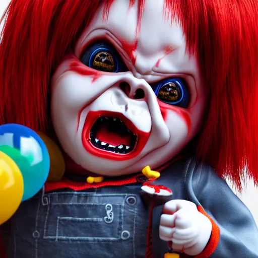 Prompt: screaming chucky doll balloons octane render