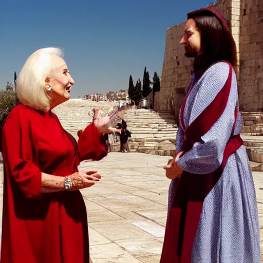 Prompt: photo of mirtha legrand talking with jesus in jerusalem