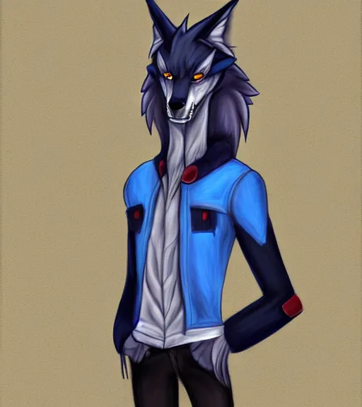Image similar to expressive stylized master furry artist digital colored pencil painting full body portrait character study of the sergal wolf fursona animal person wearing clothes jacket and jeans by master furry artist blotch