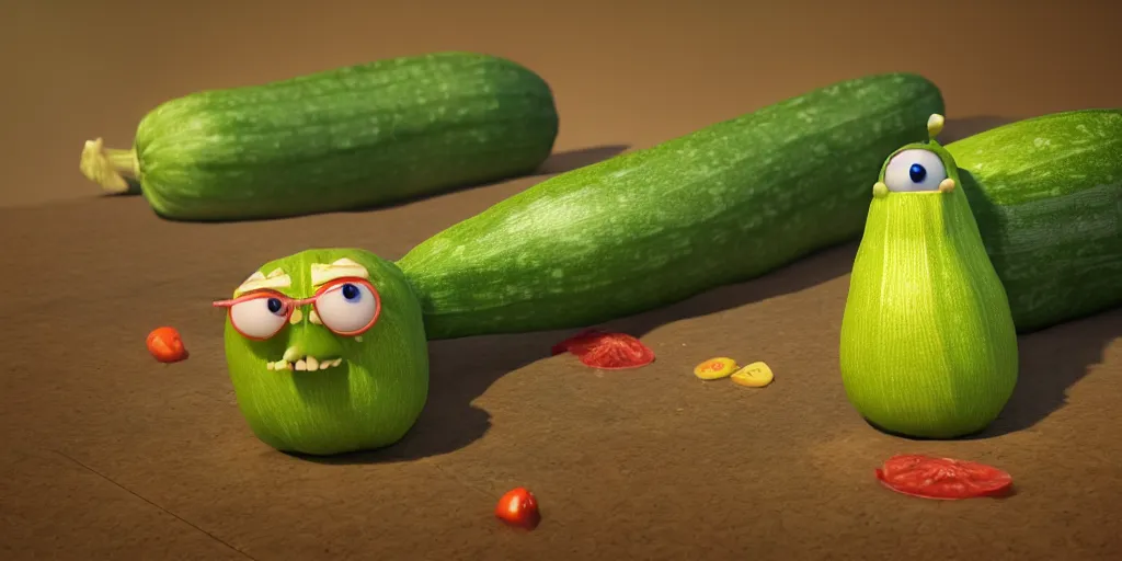 Image similar to detailed 3 d render of a zucchini character hunting after a tomato character, high speed chase, dramatic scene, hyper realistic octane render, cinematic lighting, deviantart, pop - surrealism, lowbrow, frame from pixar movie