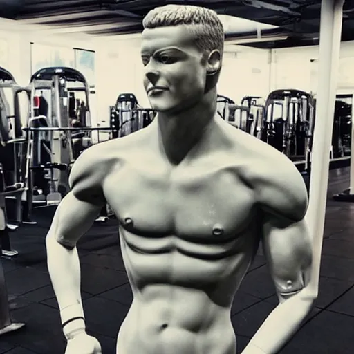 Prompt: “ a realistic detailed photo of a guy who is an attractive humanoid who is half robot and half humanoid, who is a male android, football player christian mccaffrey, shiny skin, posing like a statue, blank stare, at the gym, on display ”