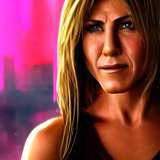 Image similar to jennifer aniston portrait, cyberpunk 2 0 7 7, cyberpunk judy alvarez, photorealistic, ultra detailed, neon, octane, bokeh, cinematic lighting, cyber, cyberpunk city, studio quality, feature, scars, cyberface, 8 k