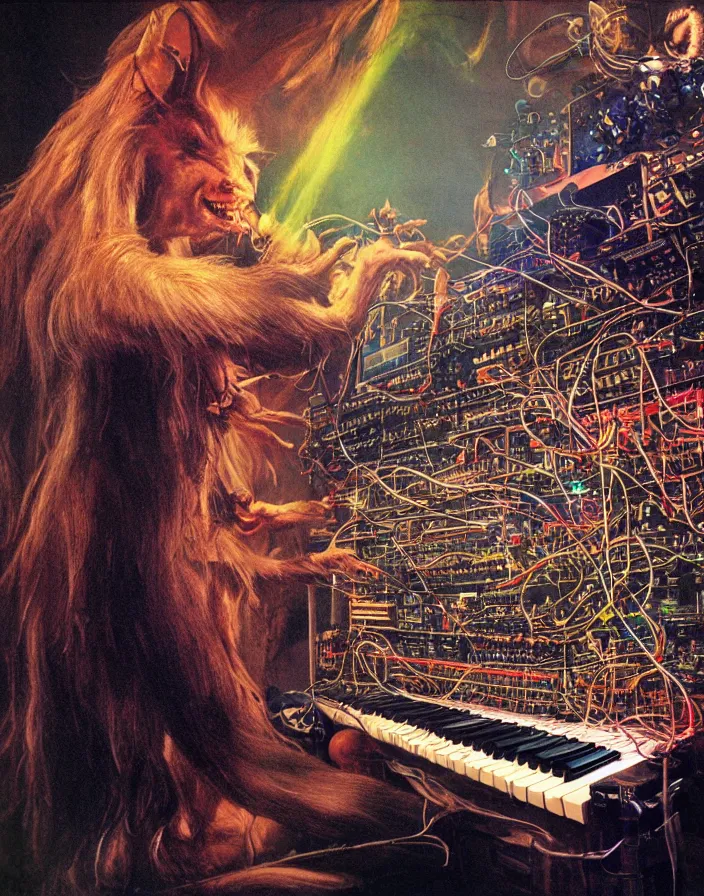 Prompt: chiaroscuro air brush fantasy hyper realistic photograph of a majestic goblin king patching a Buchla 200e modular synthesizer powered by tesla coils