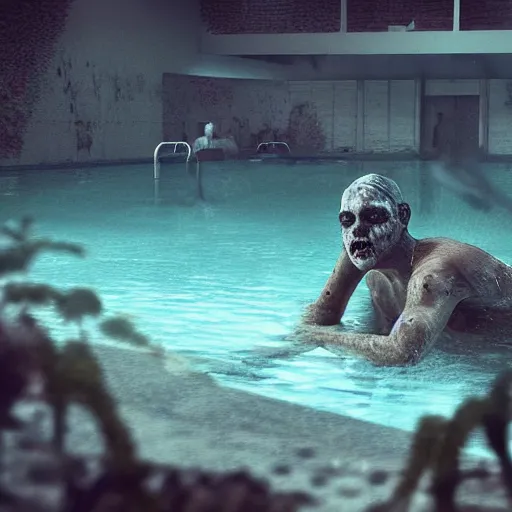 Image similar to highly detailed full body portrait of a zombie swimming underwater in a zombie - apocalypse, in a swimming pool, by greg rutkowski, octane render
