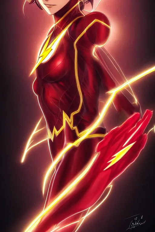 Image similar to anime key visual of a beautiful female the flash!! intricate, red, black, gold suit, powers, speed, lightning hate, dc comics, cinematic, stunning, highly detailed, digital painting, artstation, smooth, hard focus, illustration, art by artgerm and greg rutkowski and alphonse mucha