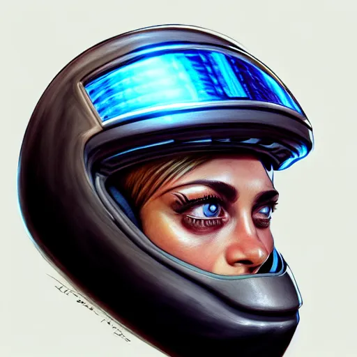 Image similar to sports helmet driver wearing a transparent visor helmet with big eye lashes with high detailed tattoos on neck, side profile on a racing car, highly detailed, digital painting, artstation, concept art, smooth, sharp focus, illustration by adrian smith