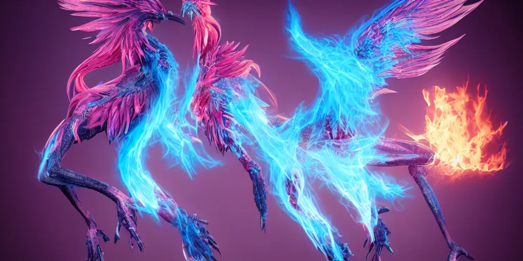 Image similar to pink and blue anthro flaming phoenix, character portrait, unreal engine 5, intricate, detailed, realistic, masterpiece