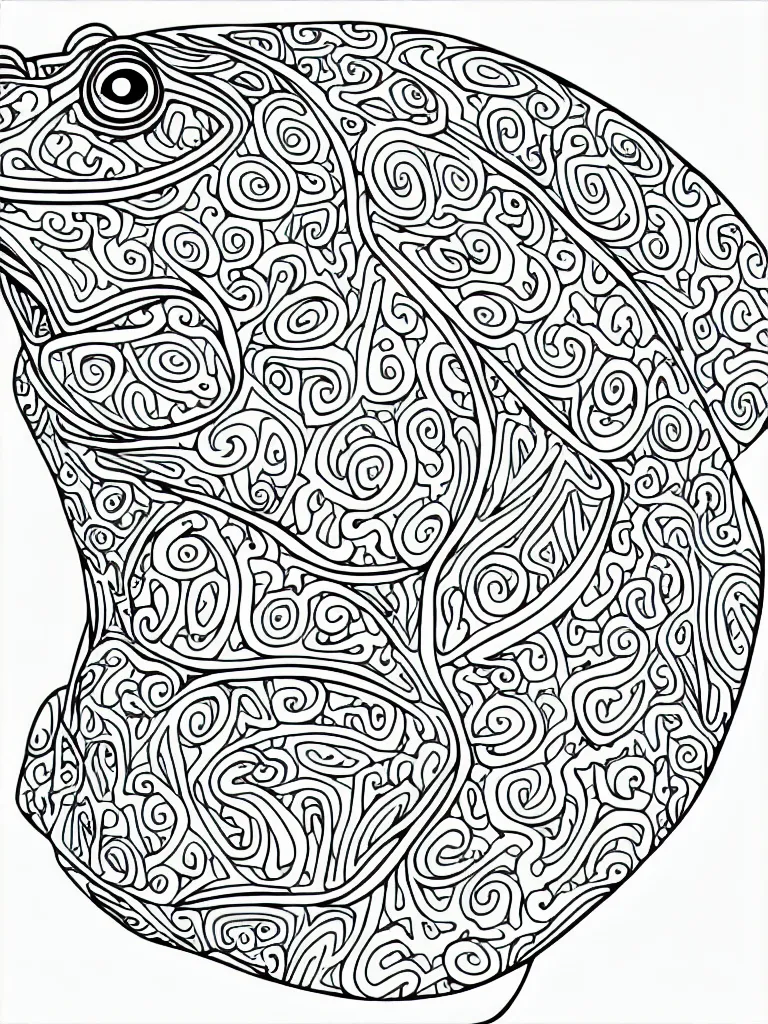 Prompt: beautiful frog's head, ornamental, fractal, line art, vector, outline, simplified, colouring page