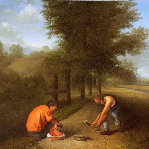 Image similar to painting of a man feeding a poor boy on a country road, surreal highly detailed