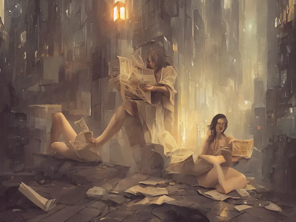 Image similar to seductive goddes reading newspaper in modern city in the style of Durand and greg rutkowski, beautiful, geometric, trending on artstation, cinematic