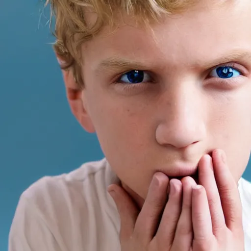 Image similar to portrait of a boy with his hand on his face, extremely realistic and real, photorealistic, blonde hair and blue eyes, detailed facial structure, real eyes that are detailed, real hands