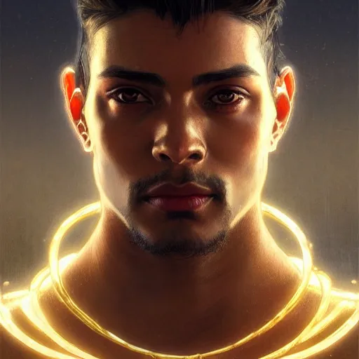 Prompt: portrait of a young handsome dark god, gold wires, intricate, headshot, highly detailed, digital painting, artstation, concept art, sharp focus, cinematic lighting, illustration, art by artgerm and greg rutkowski, alphonse mucha, cgsociety