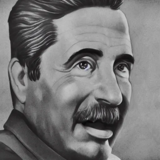Image similar to hyper realist photograph of staline smiling and biting his lip seductively with the ussr flag behind him, close up, face picture, 4 k, very detailed