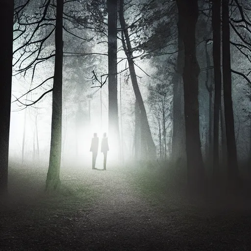 Image similar to found footage sighting of a slender man at night in a forest, fog, volumetric lighting