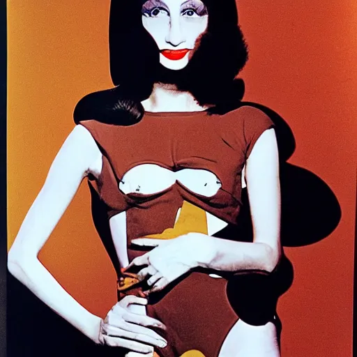 Image similar to 1976 film still glamorous woman photo and her friend, an anthropomorphic stomach, traveling in France, live action children's tv show, 16mm film live soft color, earth tones and some primary colors 1976, wacky, in style of john waters doris wishman russ meyer, woman looks like sharon tate