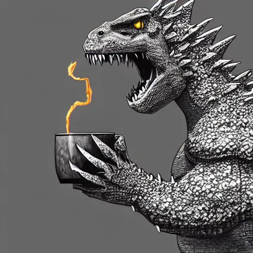 Prompt: godzilla sipping a cup of tea, trending on artstation