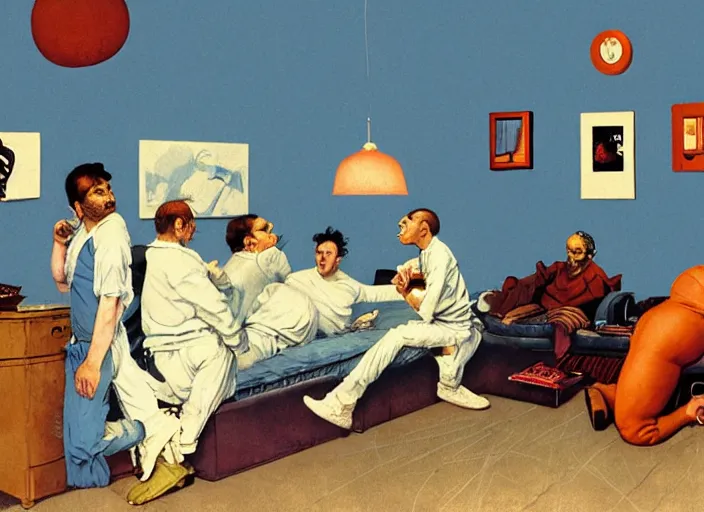 Prompt: a still from the film one flew over the cuckoo's nest by francis bacon, surreal, soft blue and orange living room, norman rockwell and james jean, greg hildebrandt, and mark brooks, triadic color scheme, by greg rutkowski, in the style of francis bacon and syd mead and edward hopper and norman rockwell and beksinski, dark surrealism, open ceiling