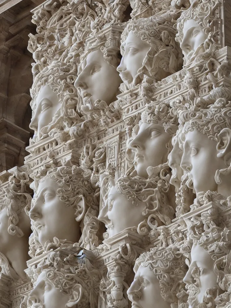 Image similar to Epic view of intricate stained statue with symmetrical multi-directional globin faces looking to all sides using a velvet veil statue sculpted on white marble by Antonio Corradini and Bernini