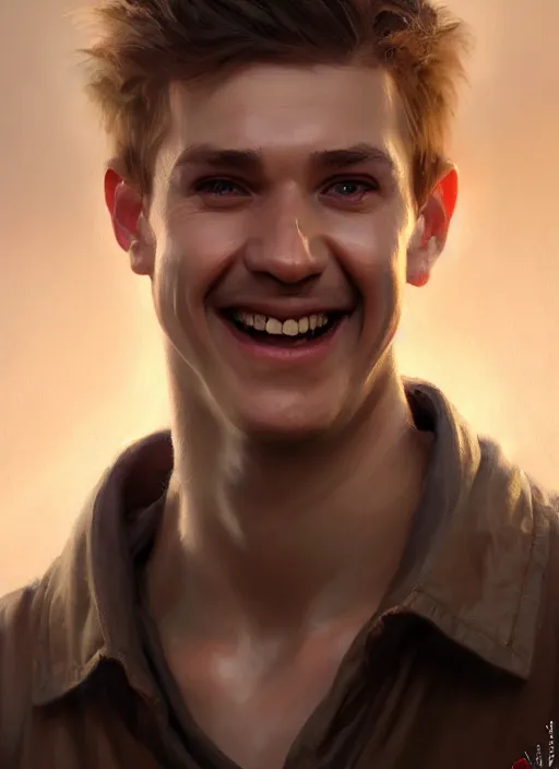 Image similar to a _ fantasy _ style _ portrait _ painting _ of white male short fringe light brown hair short face grinning, rpg dnd oil _ painting _ unreal _ 5 _ daz. _ rpg _ portrait _ extremely _ detailed _ artgerm _ greg _ rutkowski _ greg