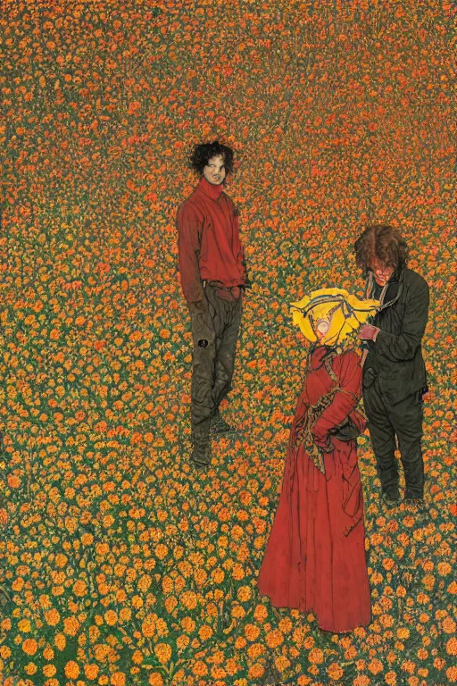 Prompt: two people in red desert captured by massive intricate mystical roots of in a sea of yellow flowers, surrounded by swirls of prickly flowers, highly detailed, intricate, surreal, painting by William Morris, part by Yoji Shinkawa, part by Norman Rockwell