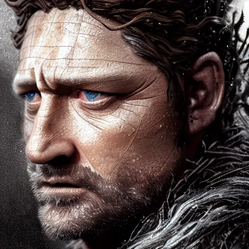 Image similar to attractive middle aged celtic king, looks like gerard butler, grey streak in black hair, silver crown, detailed clear skin, portrait, full body, dark atmosphere, faded colours, soft tones, painted by Jean-Honore Fragonard, Wes Anderdon lut, 8k octane engine, dramatic lighting, 8k, cinematic lighting, photography