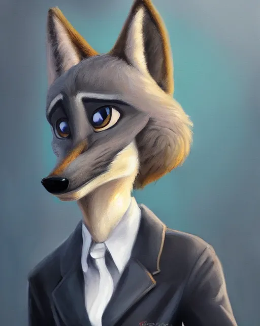 Image similar to oil painting of anthromorphic female wolf, in style of zootopia, female fursona, furry, furaffinity, 4 k, deviantart, furry art, fursona art, wearing black business suit, business suit, wolf fursona, female, smug expression,