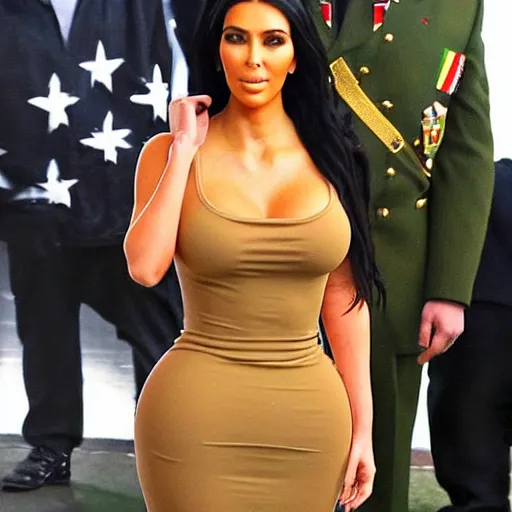 Image similar to full shot of kim kardashian dressed in military, backround: Irish flag, ambient lighting, full body shot, full-shot, highly detailed, trending on Instagram,