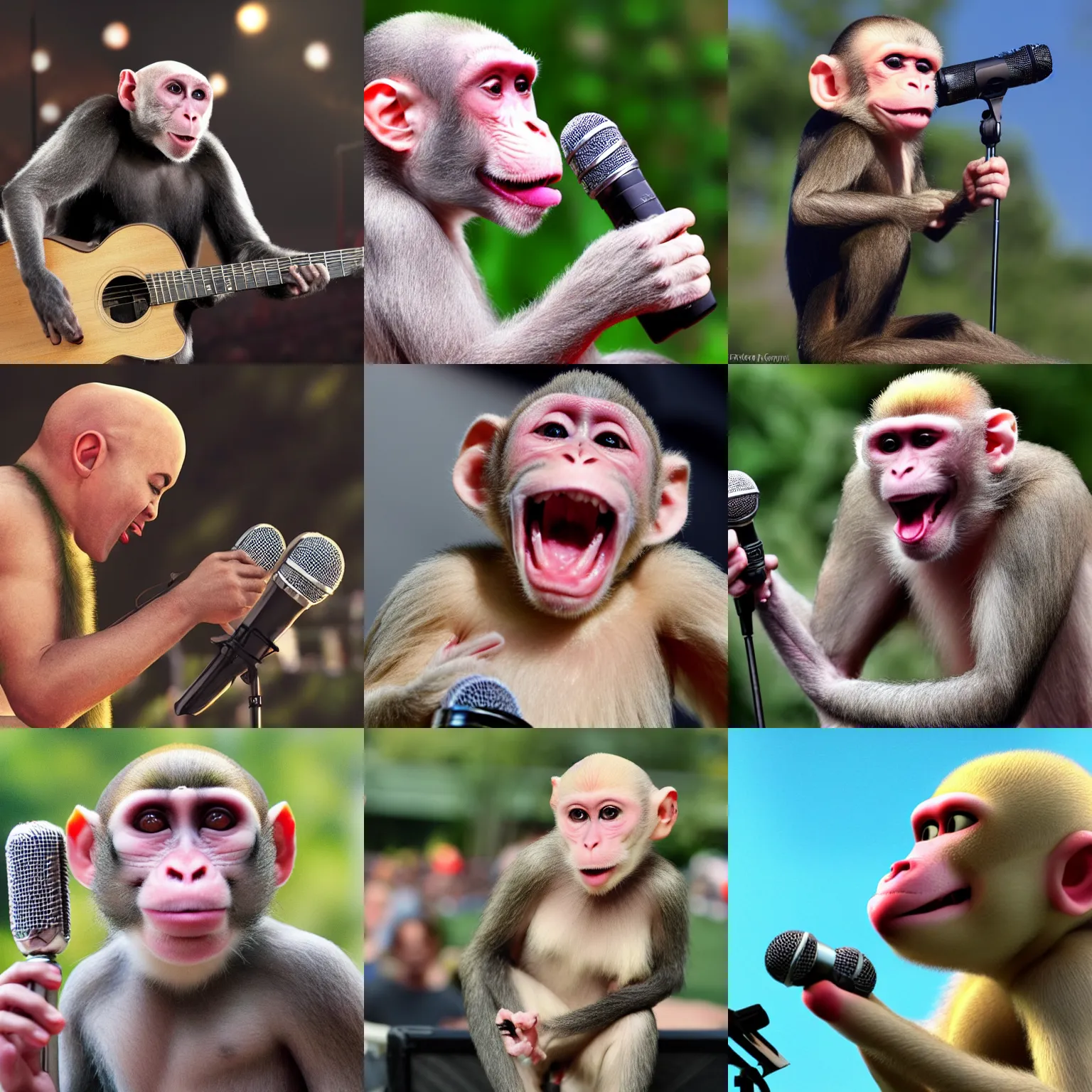 Prompt: a bald monkey singing into a microphone whilst performing to a large crowd at an outdoor concert. highly detailed. cinematic