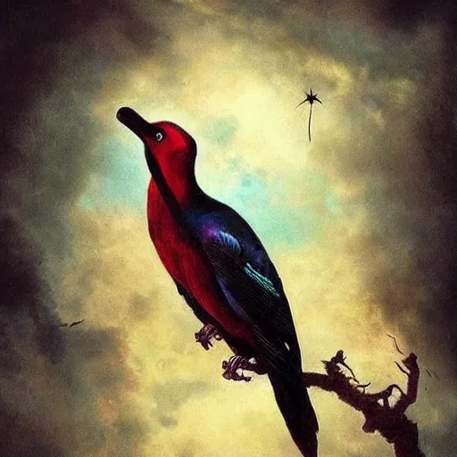 Prompt: A gothic, surrealistic bird, incredible colors, trending on artstation, by Rembrandt