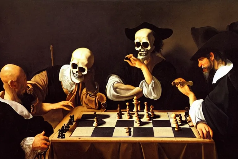 Prompt: baroque portait painting of an skull face grim reaper playing chess in a tavern, by caravaggio and rembrandt and artemisia gentileschi, masterpiece, high resolution, very detailed, oil on canvas, trending on artstation