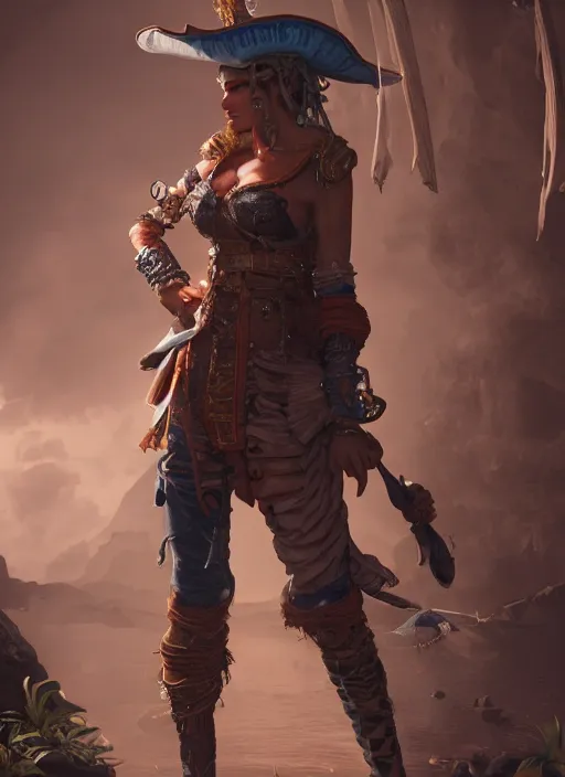 Image similar to detailed full body concept art of a beautiful female pirate, cinematic lighting, hyperdetailed, 8k, high resolution, insanely detailed and intricate, octane render