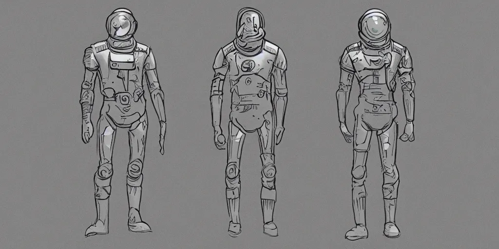 Image similar to male, fully body, elongated figure, science fiction space suit with a helmet, large shoulders, short torso, long thin legs, tiny feet, character sheet, funko, digital sketch, hyperdetailed, dieselpunk, stylized character design, concept design, in the style of mike mignola