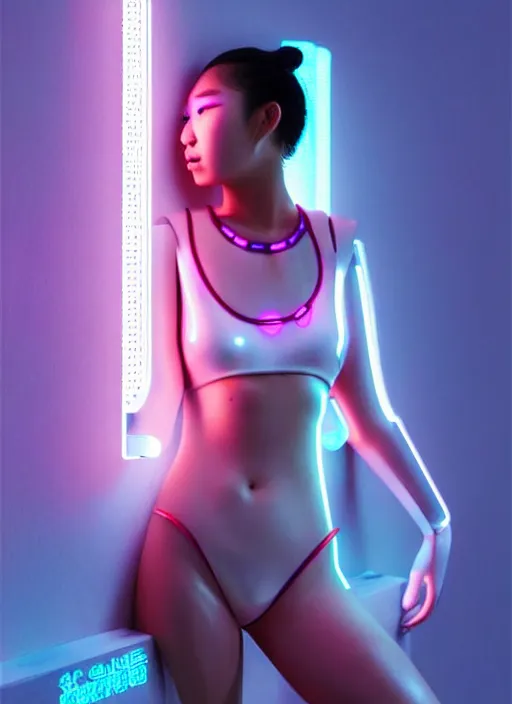 Prompt: a beautiful asian female humanoid with freckled cheeks, cyber neon lighting, futurism, intricate, futuristic jewelry accessories, cyberpunk glossy white latex swimsuit, profile posing, hyper photorealistic, crispy quality, digital photography, trending in artstation, trending in pinterest, cinematic, 4 k ultra hd, art by pascal blanche, art by greg rutkowski,