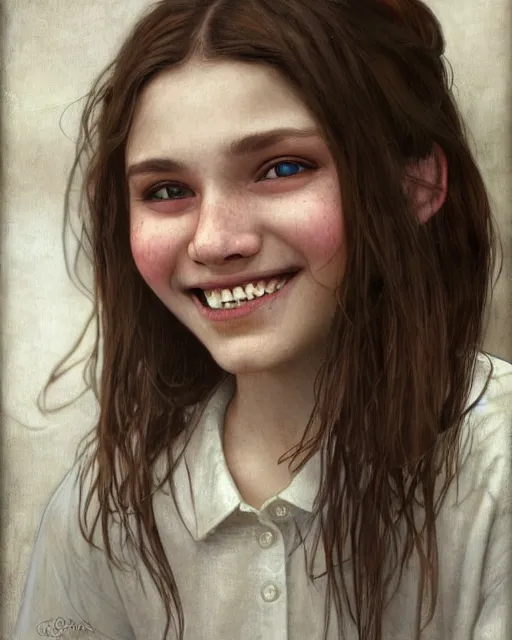 Image similar to close up portrait of 1 5 - year - old girl, smile with large front teeth, hermione, very bushy brown hair, and very bright brown eyes, wearing white shirt, hyper realistic face, beautiful eyes, close up, fantasy art, in the style of greg rutkowski, intricate, alphonse mucha, hyper detailed, smooth