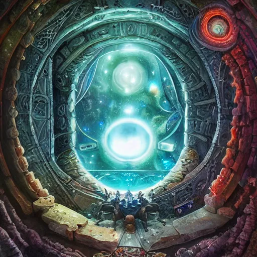 Image similar to highly detailed, intricate beautifully stunning cosmic Kinocorium in the middle of a keyhole portal overlooking the Succularium by Andrei Riabovitchev, Shaun Tan and Peter Mohrbacher. stunning atmosphere, firery prismatic orbs