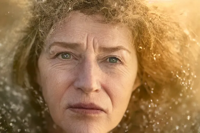 Image similar to a highly detailed cinematic headshot portrait of a frozen middle aged woman stood in a field, field on fire, ultra realistic, depth, beautiful lighting, by annie leibovitz, photorealistic, hyperrealistic, octane, masterpiece