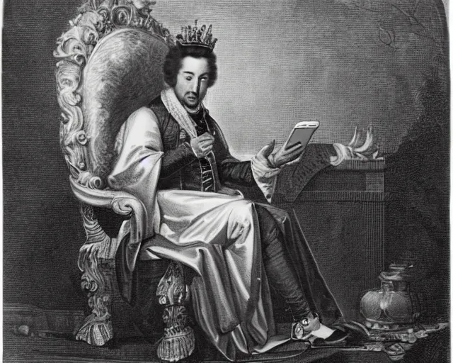 Image similar to 1 7 0 0 s photo of the king checking his twitter feed on his cellphone while sitting on his throne gold crown